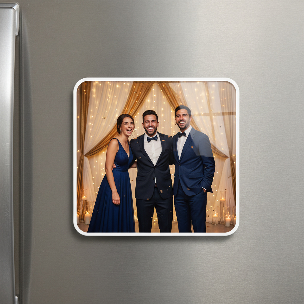 3-person group photo square magnet on stainless steel fridge
