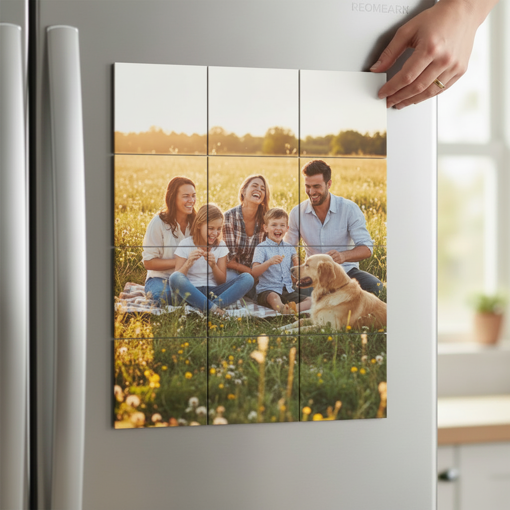 9-piece puzzle photo magnets on stainless steel fridge