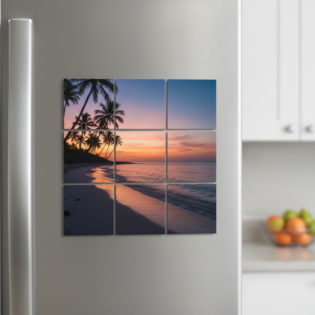 9 puzzle photo magnets in 3x3 grid on stainless steel fridge
