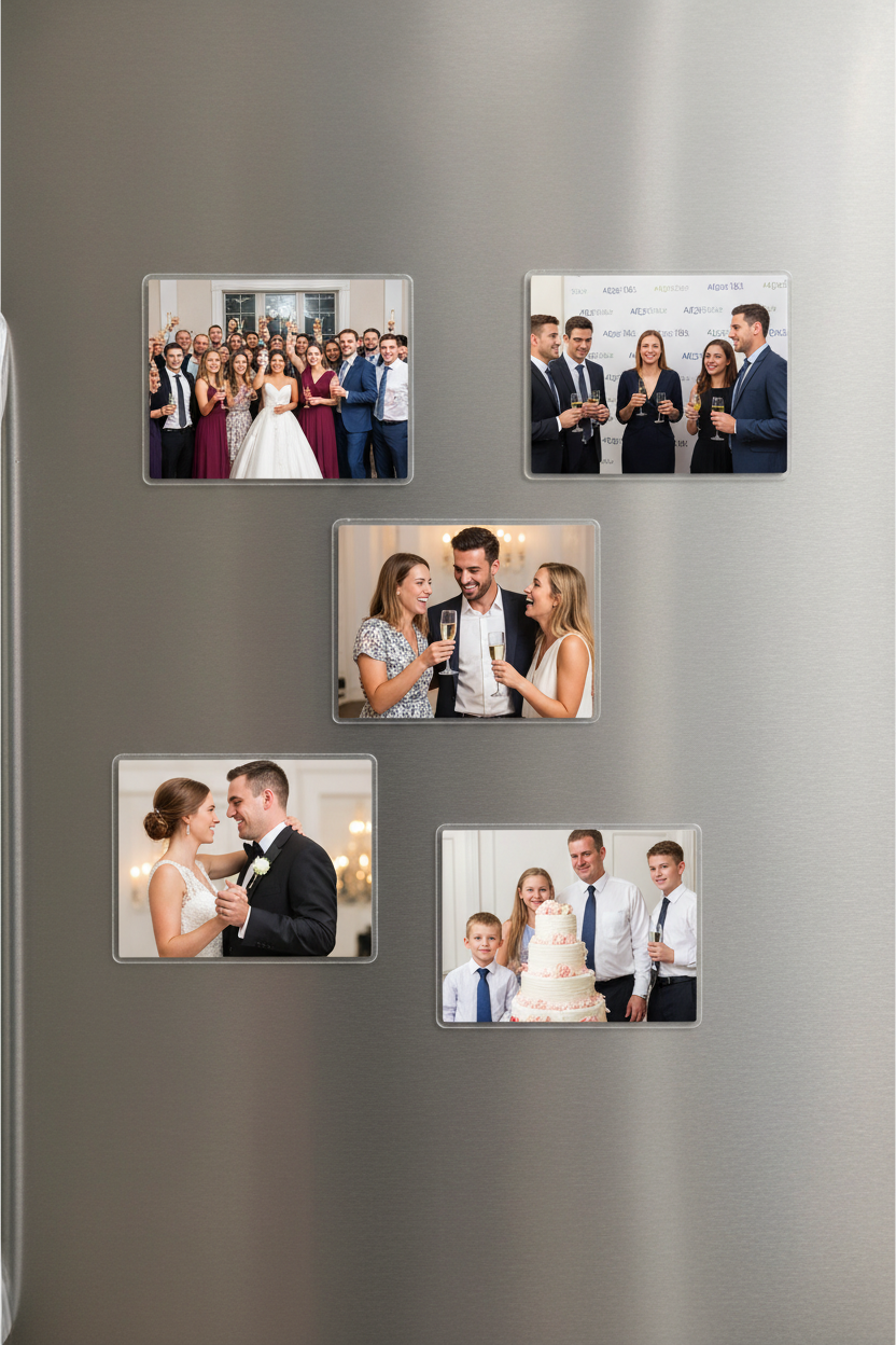 Five small square photo magnets on stainless steel refrigerator