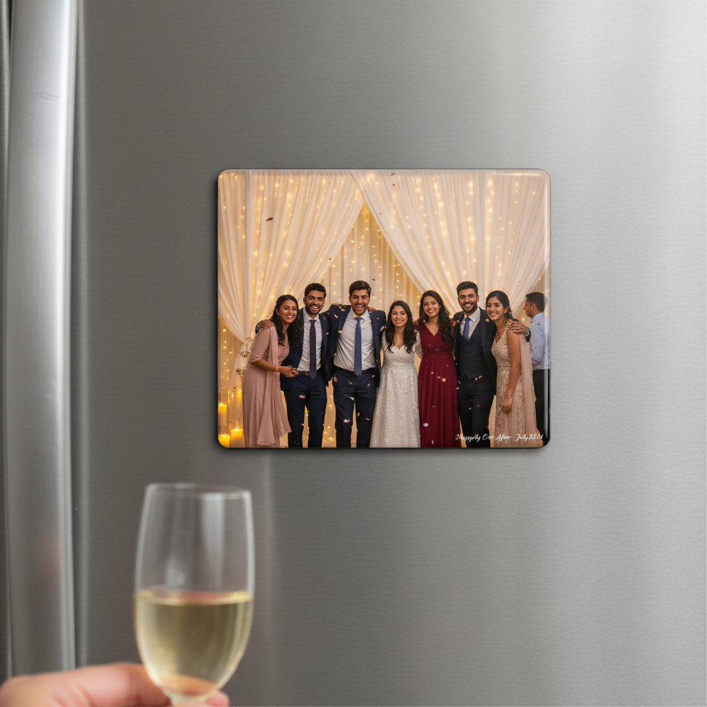 Group photo on a single photo magnet on stainless steel fridge