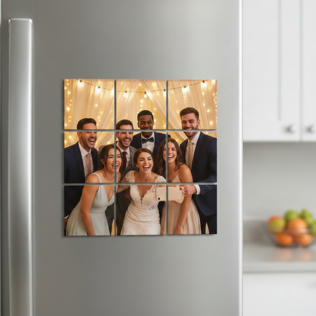Friends taking a photo at a wedding reception split across 9 puzzle photo magnets on a stainless steel fridge
