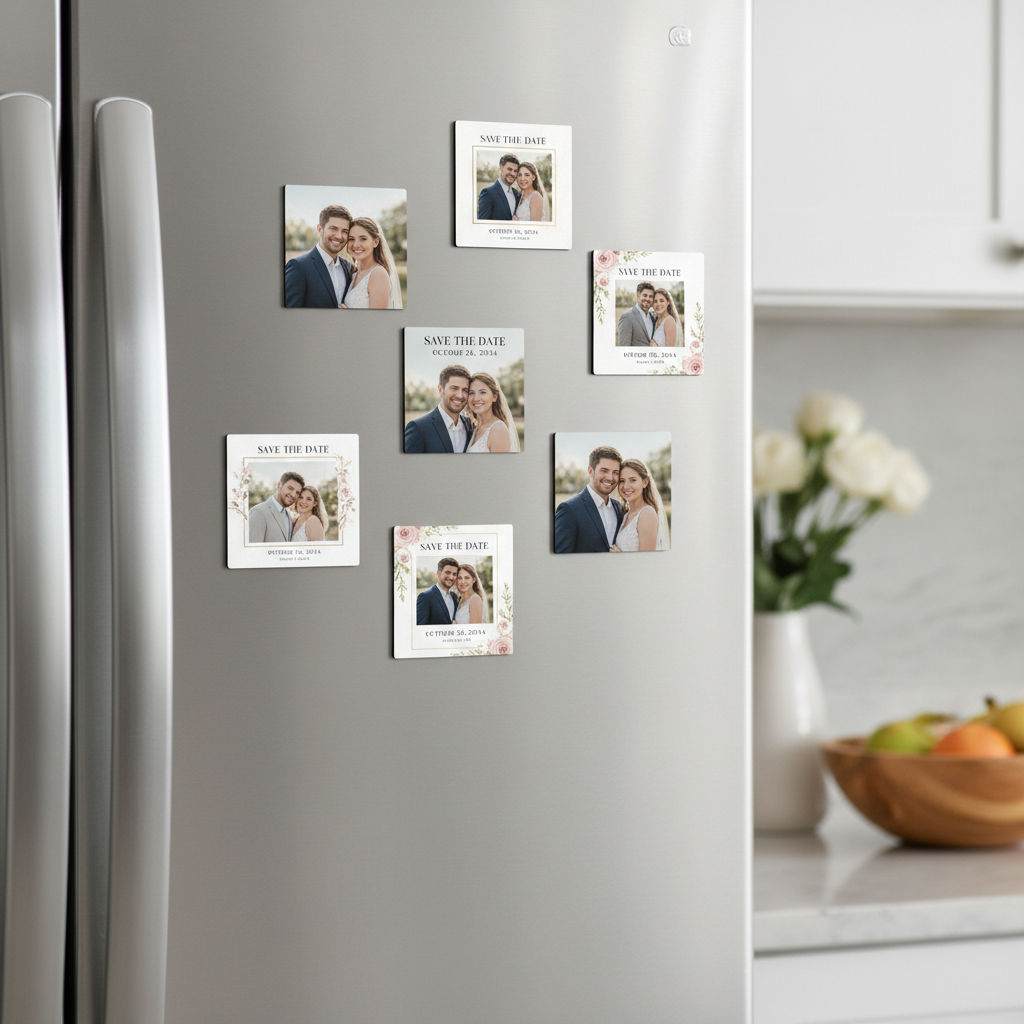 Multiple save the date wedding photo magnets on stainless steel fridge