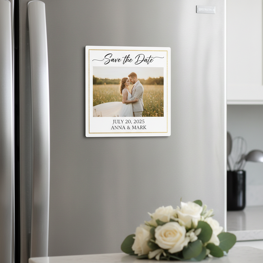 Save the date wedding photo magnet on stainless steel fridge