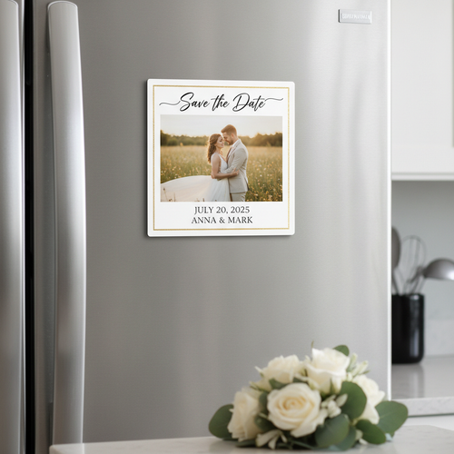 Save the date wedding photo magnet on stainless steel fridge